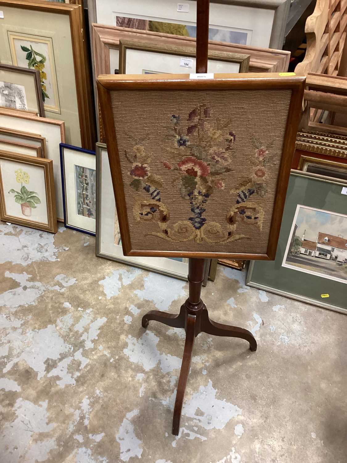19th centyury mahogany pole screen with embroided floral panel