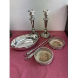 Pair of silver plated candlesticks, pair coasters, two 19th century meat skewers and a plated dish