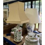 Chinese-style porcelain table lamp with shade and another blue and white pottery table lamp
