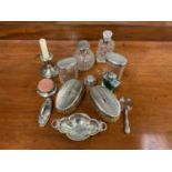 Group of Edwardian and later silver dressing table pots, silver bonbon dish, pair of hair brushes an