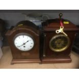 Late Victorian brass inlaid mahogany mantel clock with gilded dial, together with another Edwardian
