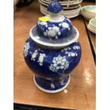 Chinese porcelain jar and cover with prunus decoration on crushed ice ground