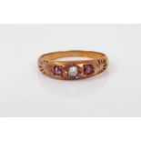 Victorian 18ct rose gold ruby and diamond three stone ring