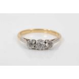 18ct gold diamond three stone ring with three old cut diamonds in platinum claw setting