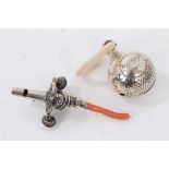 Antique silver rattle with coral teether and four bells, and silver bell rattle with mother of pearl