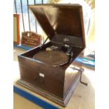 Dulcetto gramophone in oak cabinet and a box of records