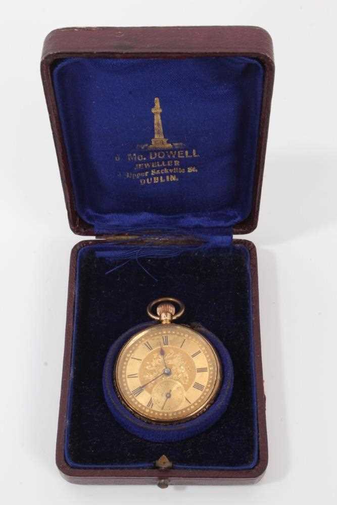 Late 19th century Swiss 14K gold fob watch in fitted box retailed by McDowell of Dublin
