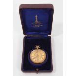 Late 19th century Swiss 14K gold fob watch in fitted box retailed by McDowell of Dublin
