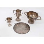 Three silver trophies, all with presentation inscriptions and a silver plated Taj Mahal engraved dis