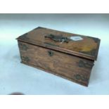 Edwardian oak cigar box with brass fittings, 28.5cm across
