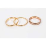 9ct gold wedding ring and two yellow metal wedding rings (3)