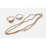Two 9ct gold diamond set rings and 9ct gold chain