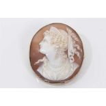 Finely carved shell cameo depicting Greek Goddess Hera within brooch mount