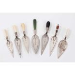 Seven silver trowel bookmarks including four with mother of pearl handles, one green hard stone and