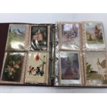 Postcards in album including Children's cards Fairies, Mickey Mouse, Bonzo (x 7), Snow White set, Co