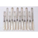 Edwardian set of six silver and mother of pearl handled desert knives and forks