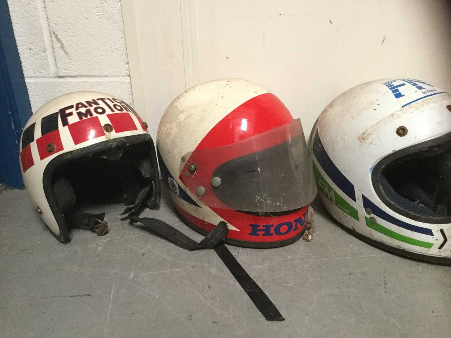 Three vintage motorcycle leathers together with a selection of motorcycle helmets - Image 4 of 4