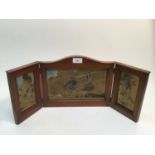 First World War period engraved brass triptych panels in folding mahogany frame of Royal Flying Corp
