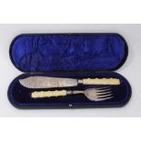 Pair late Victorian silver and ivory fish servers in velvet lined fitted case