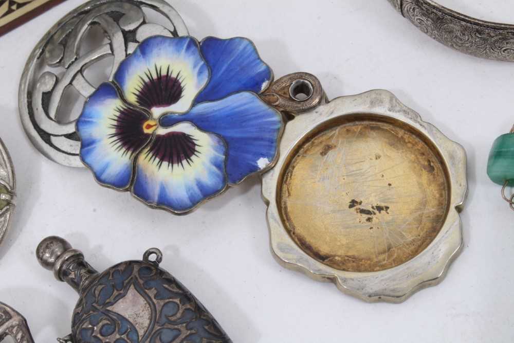 Two silver bangles, silver (900) enamelled pansy locket/compact pendant, Continental silver perfume - Image 5 of 7
