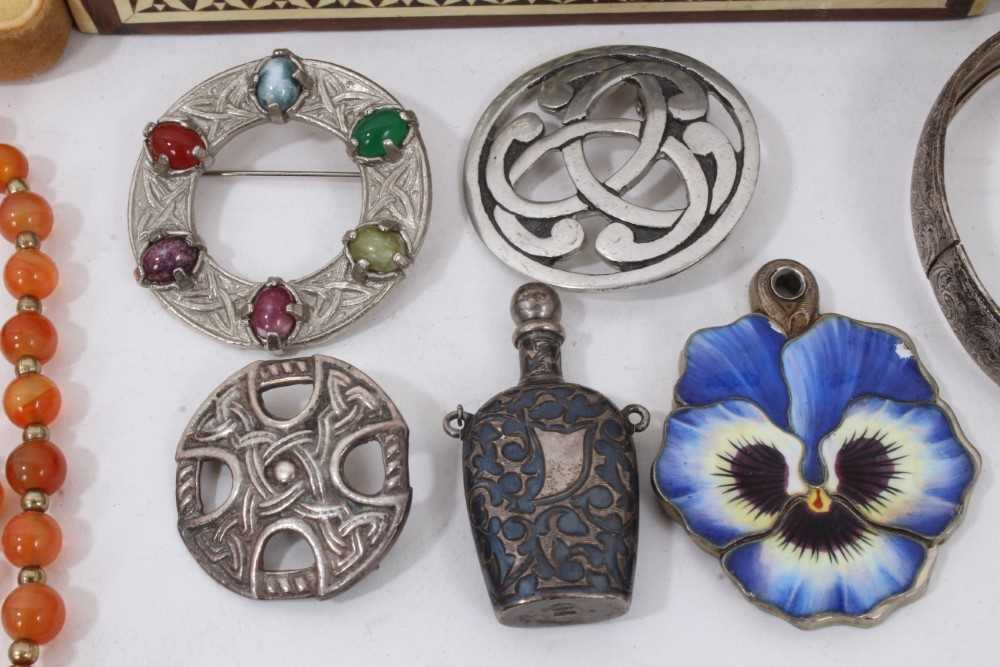 Two silver bangles, silver (900) enamelled pansy locket/compact pendant, Continental silver perfume - Image 4 of 7