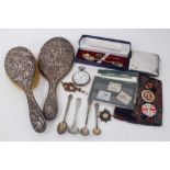 Silver cigarette case, silver backed mirror and brush, silver commemorative teaspoon, badges, salt s