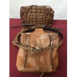 Two Aligator skin bags and Veritable leather bag, snake skin belt and a whip.