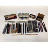 Collection of pens including two gold plated Cross pens, Parker and various fountain pens etc