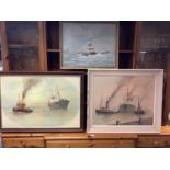 Three modern oil on board scenes by J. Chapman dated 1982/3 of shipping on the Thames