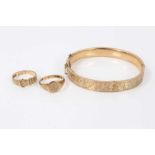 9ct gold bangle and two 9ct gold rings