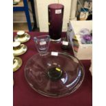 Four pieces of art glass, including a Holmegaard vase and dish, a Strombergshyttan vase, and a Caith
