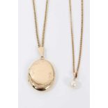 9ct gold oval locket pendant on chain and single cultured pearl on chain