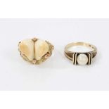 Gold (stamped 585) ring set with two stags teeth and one other gold (585) single cultured pearl ring