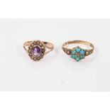 1920s 9ct gold turquoise and seed pearl flower head ring and antique gold amethyst and seed pearl ri