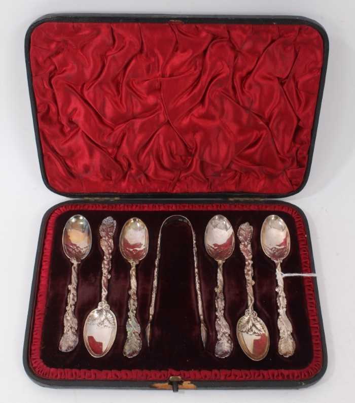 Good quality set of six Victorian silver teaspoons and matching pair sugar tongs