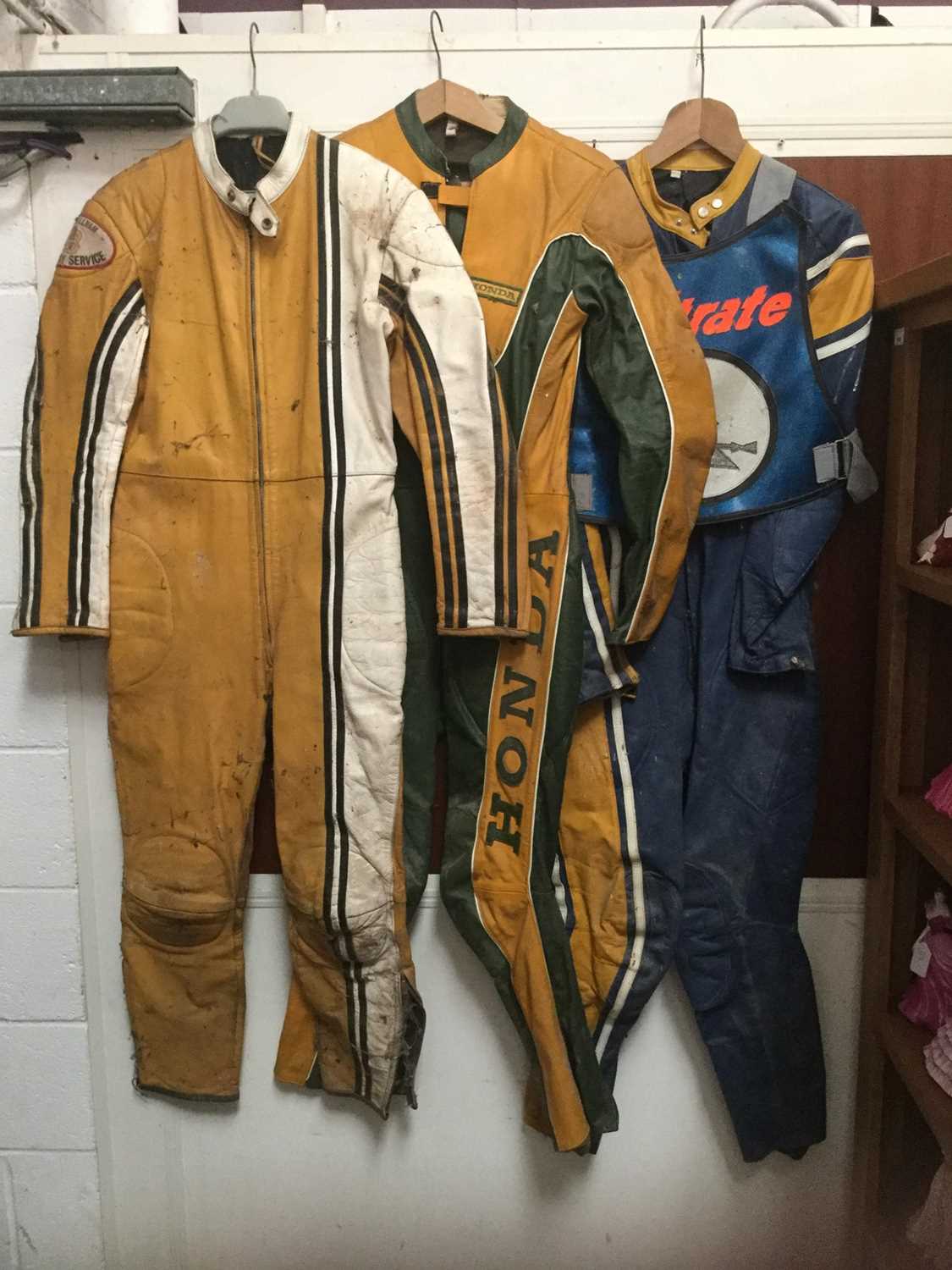 Three vintage motorcycle leathers together with a selection of motorcycle helmets - Image 2 of 4