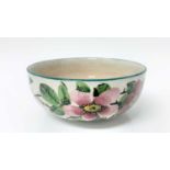 Wemyss ware bowl with hand painted pink wild rose and green border