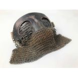 Scarce First World War tank crew face mask of steel construction with leather covering, attached cha