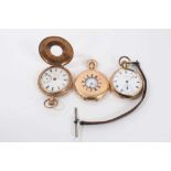 Waltham gold plated pocket watch with leather watch chain and two other gold plated half hunter pock