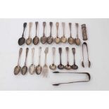 Group various silver teaspoons and condiment spoons, one silver fork, two pairs silver sugar tongs a