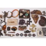 Group semi precious gem stones and fossils, agate brooch and buckle, silver mounted amber tie clip,