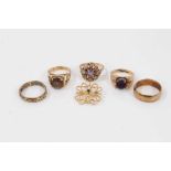 Group of 9ct gold jewellery to include three gem set dress rings, eternity ring, wedding ring and a