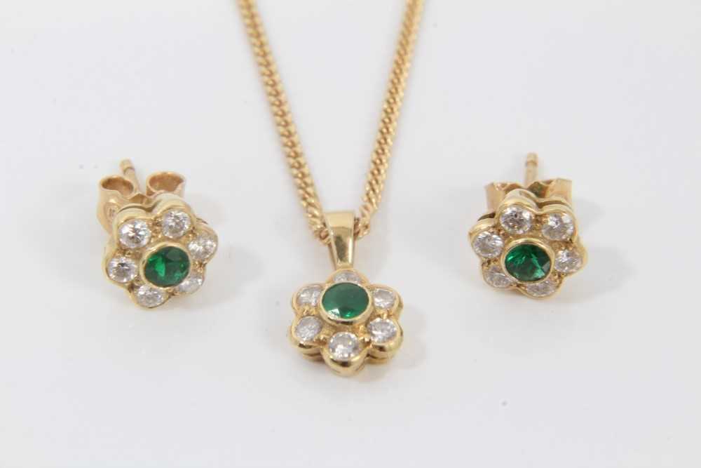 18ct gold diamond and emerald flower head cluster pendant on chain and pair matching earrings