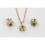 18ct gold diamond and emerald flower head cluster pendant on chain and pair matching earrings