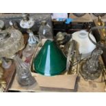 Victorian overlay glass oil lamp, other oil lamp elements, shades, also box of glass lustres