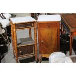 Victorian bamboo framed pot cupboard with marble top, drawer, recess and cupboard below and another