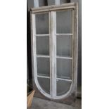 Pair of antique arched eight pane white painted windows, 205 x 103cm