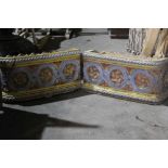 Pair decorative Victorian stoneware garden planters with moulded leaf decoration and yellow and blue
