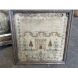 George III sampler, together with a Regency embroidered picture and another embroidery