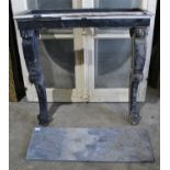 19th century marble topped pier table, the rectangular grey marble top on blue painted base with twi